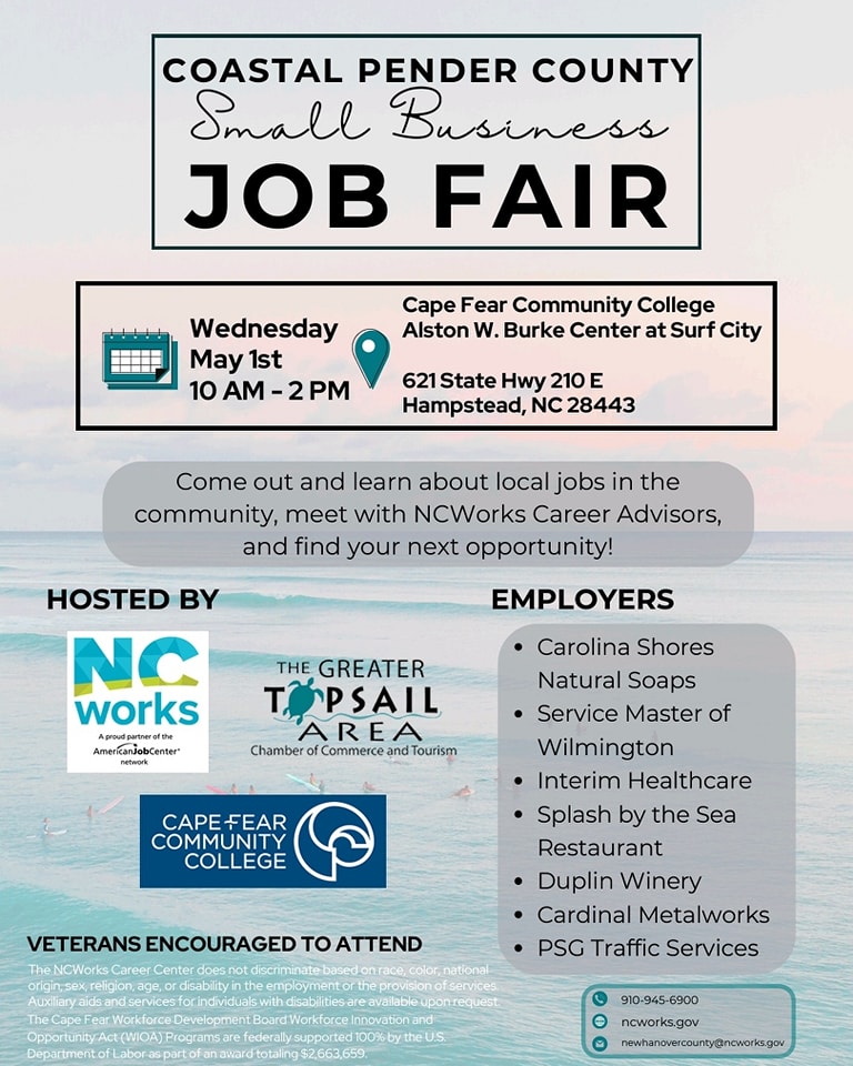 Small businesses are certainly job creators, and an upcoming #NCWorks #JobFair can connect you to some of those jobs in the Pender County area! Meet 7 employers at 621 State Hwy 210 E, Hampstead, NC, on Wed., May 1, from 10am to 2pm. #NCSmallBusinessWeek #NCSmallBiz
