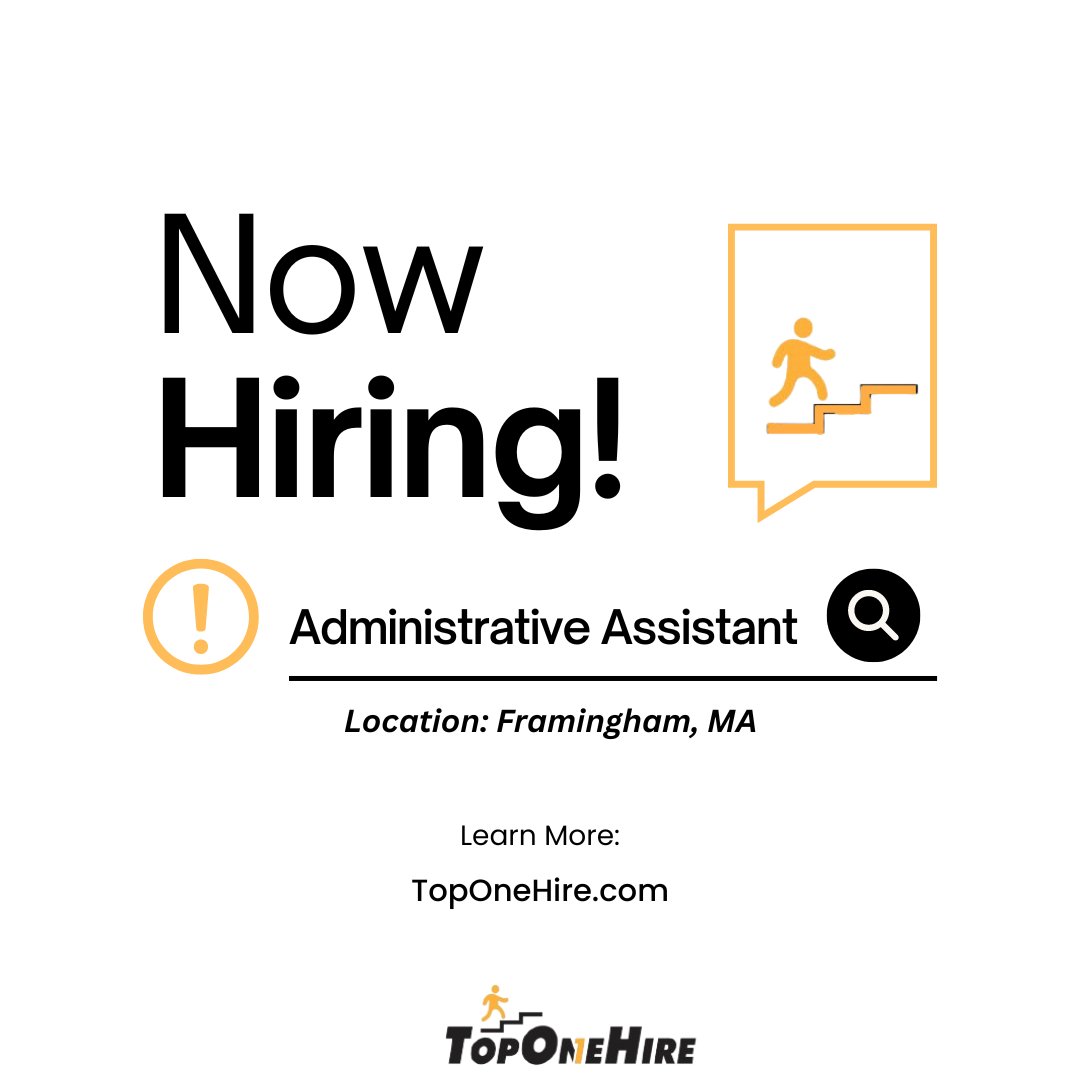 NOW HIRING: 𝐀𝐝𝐦𝐢𝐧𝐢𝐬𝐭𝐫𝐚𝐭𝐢𝐯𝐞 𝐀𝐬𝐬𝐢𝐬𝐭𝐚𝐧𝐭 Location: Framingham, MA Schedule: Monday to Friday (hybrid) Learn more: toponehire.com/job/2523905/ad… #AdministrativeAssitant #Hybrid #AdminJobs #Massachusetts #Hiring