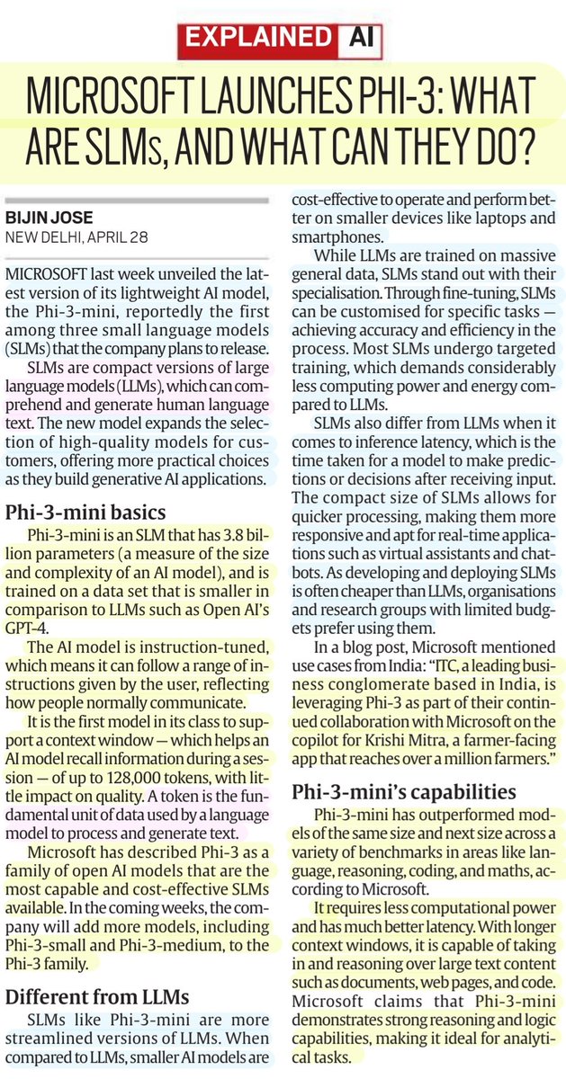 #PHI3 'Microsoft launches PHI-3: What are SLMs, and what can they do?' :Explained by Mr Bijin Jose @bijin_jose - SLM Small Language Model #Microsoft #SLMs #LLMs #LLM #ArtificialIntelligence #GenAI #Parameters #token #Specialisation #Latency #technology #UPSC Source: IE