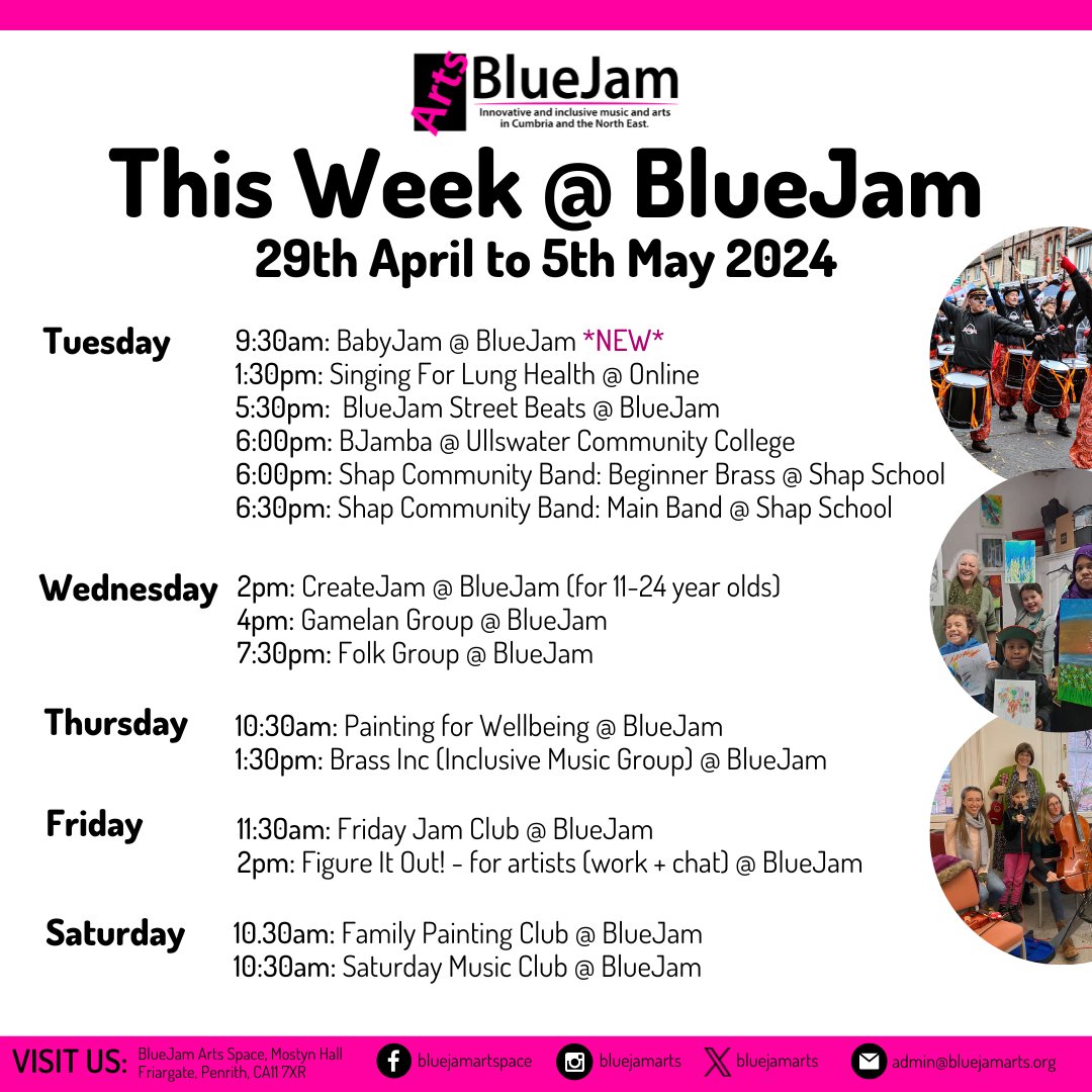 Here's What's On at BlueJam this week ☺ We're particularly looking forward to the first BabyJam (for 0-18 month olds and their parent/carer). Want to join any of our classes or groups for the first time? Drop us an email at admin@bluejamarts.org so we know to save you a spot!