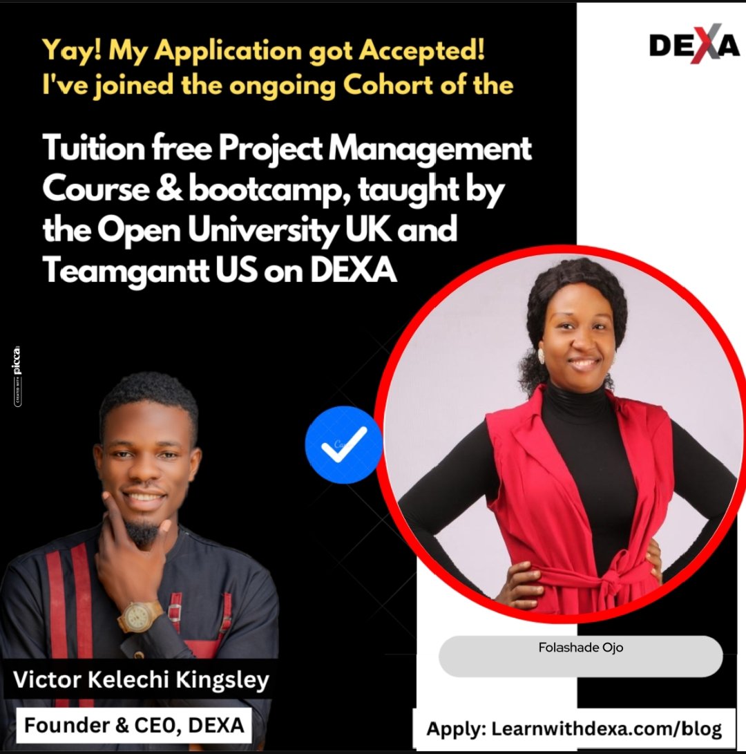 Excited to announce my enrollment in the tuition free Project Management course taught by The Open University UK & TeamGantt. I applied through: DEXA

Bracing myself for a journey of learning&growth as an emerging project manager @LearnwithDEXA #LearnwithDEXA #Projectmanagement