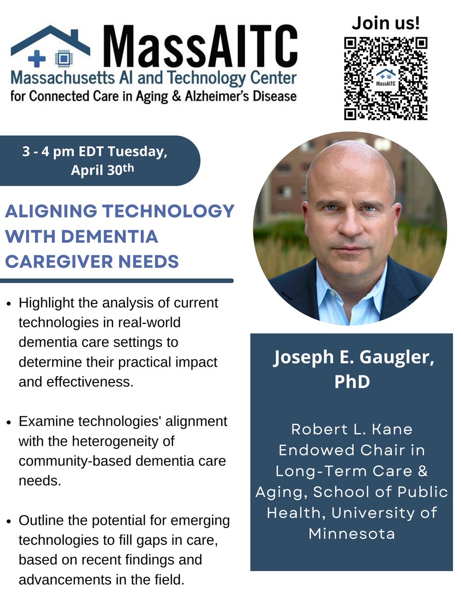 Join us tomorrow! 🗓️ 4/30, 3-4p EDT 
Register for the webinar: 🔗 bit.ly/4aD9DfS 

Joseph Gaugler, renowned expert in #agetech #caregiving for his presentation, 'Aligning Technology and Dementia Caregiver Needs.'