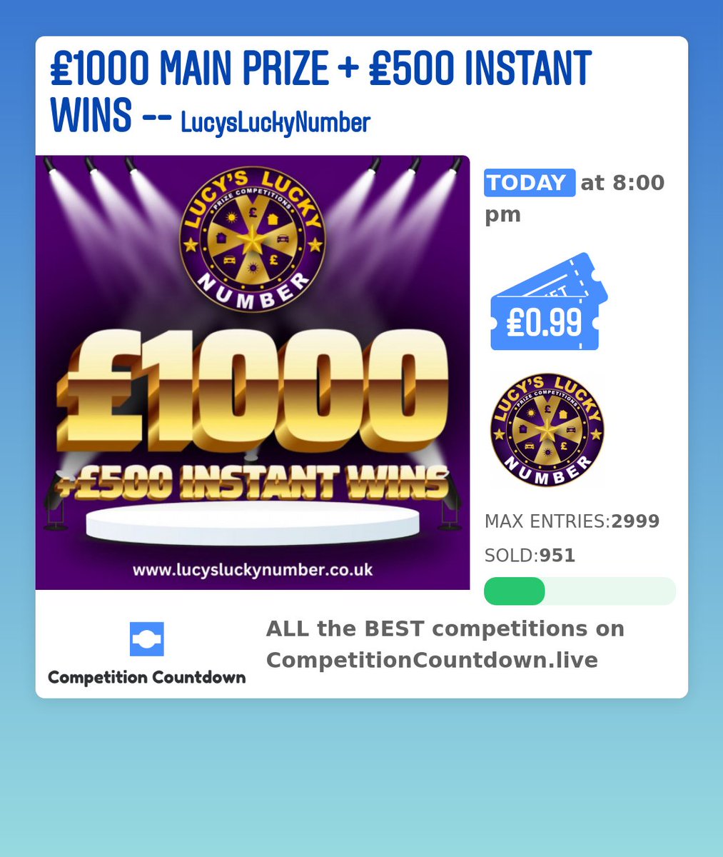 Check out this competition on competitioncountdown.live ! 
£1000 MAIN PRIZE + £500 INSTANT WINS
 Competition Countdown does not run any competitions, we just show you all the best one is one place! 🔥🔥 WOW 👀 
 
 #winmoney #cash #competitioncountdown #competition_countdown...