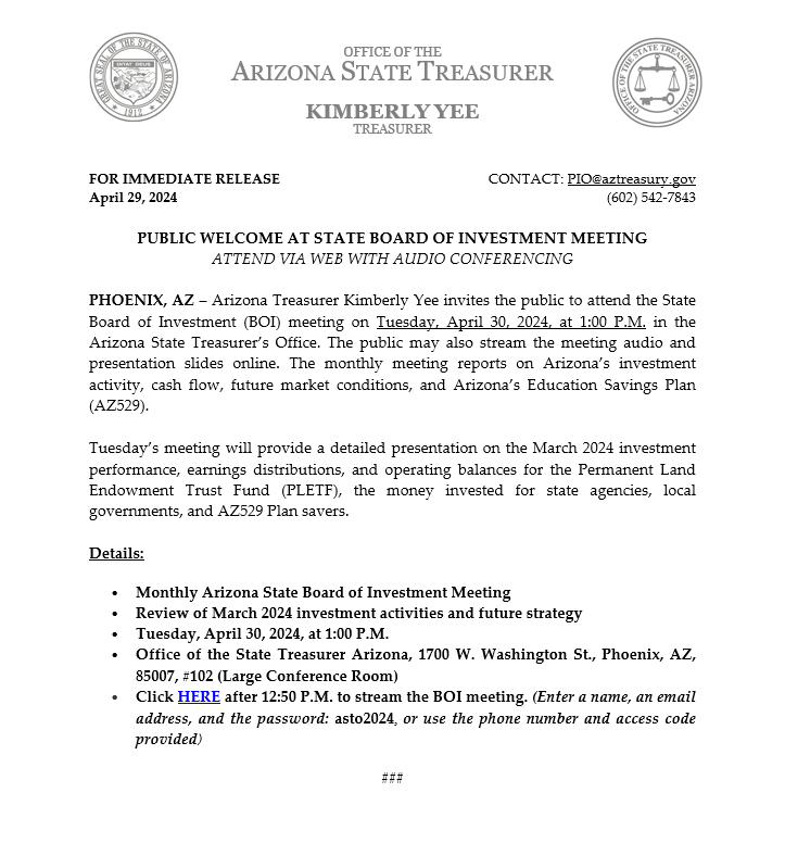 Arizona Treasurer Kimberly Yee welcomes the public to the April 2024 Arizona Board of Investment meeting on Tuesday, April 30, at 1:00 P.M. Press Release: aztreasury.gov/_files/ugd/8bb…
