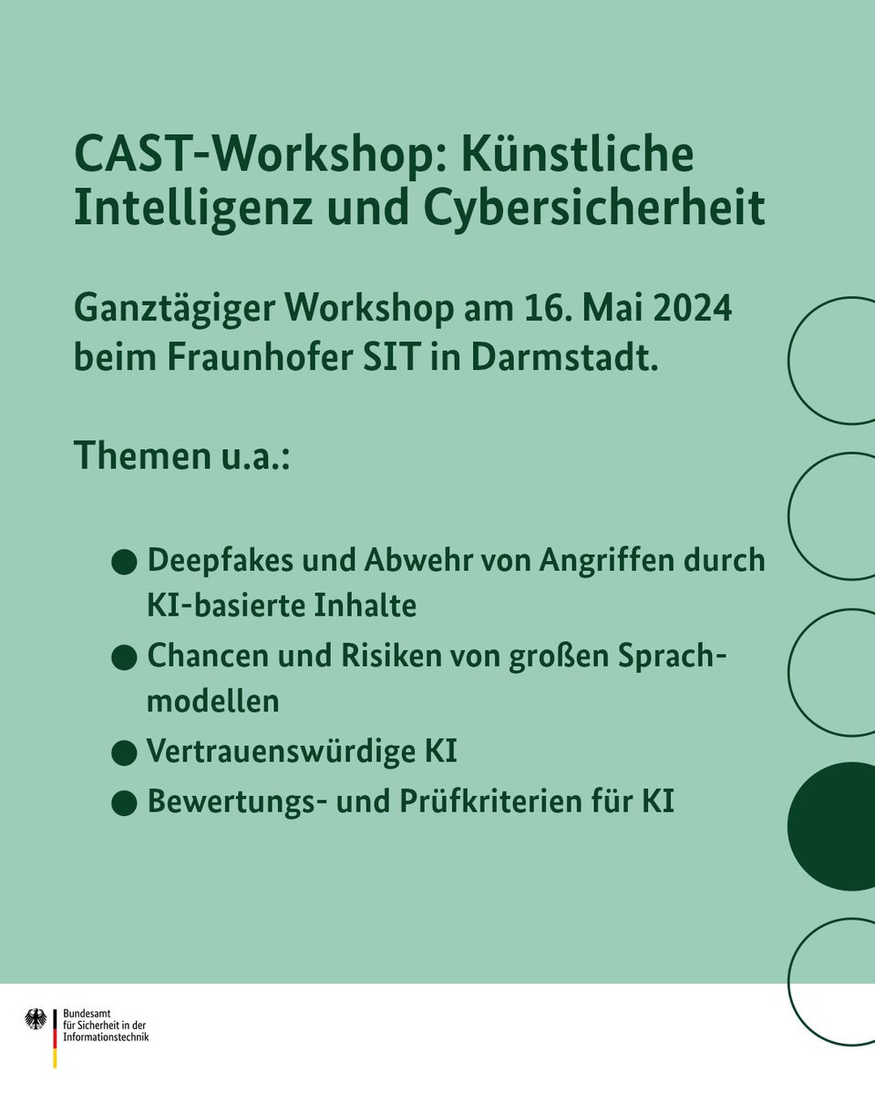 #KünstlicheIntelligenz ist mittlerweile überall, besonders neuronale Netze & große Sprachmodelle bieten Chancen und Risiken. Welche das sind und wie man sich schützen kann zeigen wir u.a. in einem CAST-Workshop am 16. Mai 24: cast-forum.de/workshops/info… #DeutschlandDigitalSicherBSI