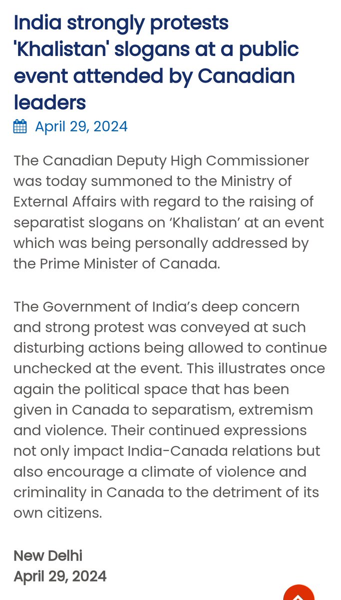 India summons Canadian Deputy High Commissioner @CanadainIndia, lodges strong protests on 'Khalistani' slogans raises at a public event attended by Canadian leaders.