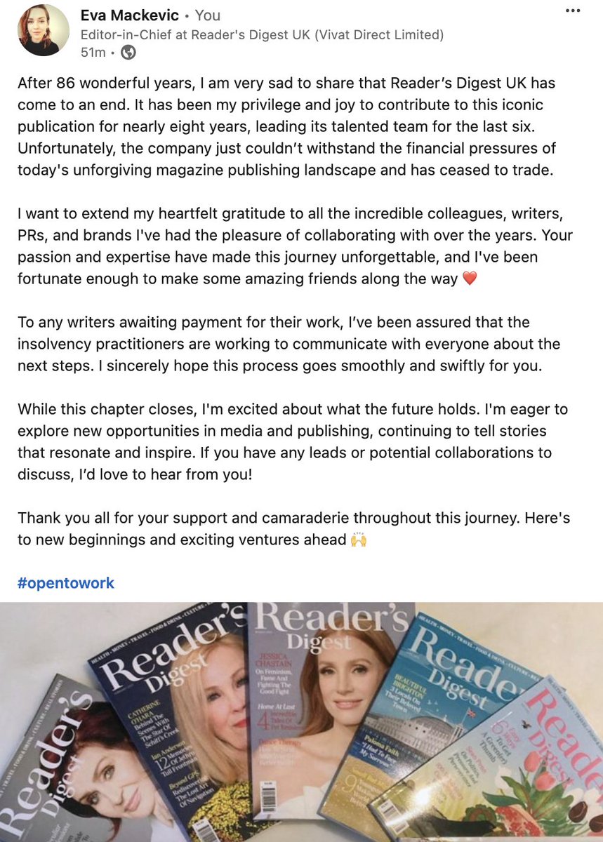 Eva Mackevic (@evamackevic) on Twitter photo Grateful for nearly 8 incredible years working on the iconic <a href="/readersdigestUK/">Reader’s Digest</a> . To my colleagues, writers, and friends—thank you for the memories, what a ride it's been! Grateful for nearly 8 incredible years working on the iconic <a href="/readersdigestUK/">Reader’s Digest</a> . To my colleagues, writers, and friends—thank you for the memories, what a ride it's been!