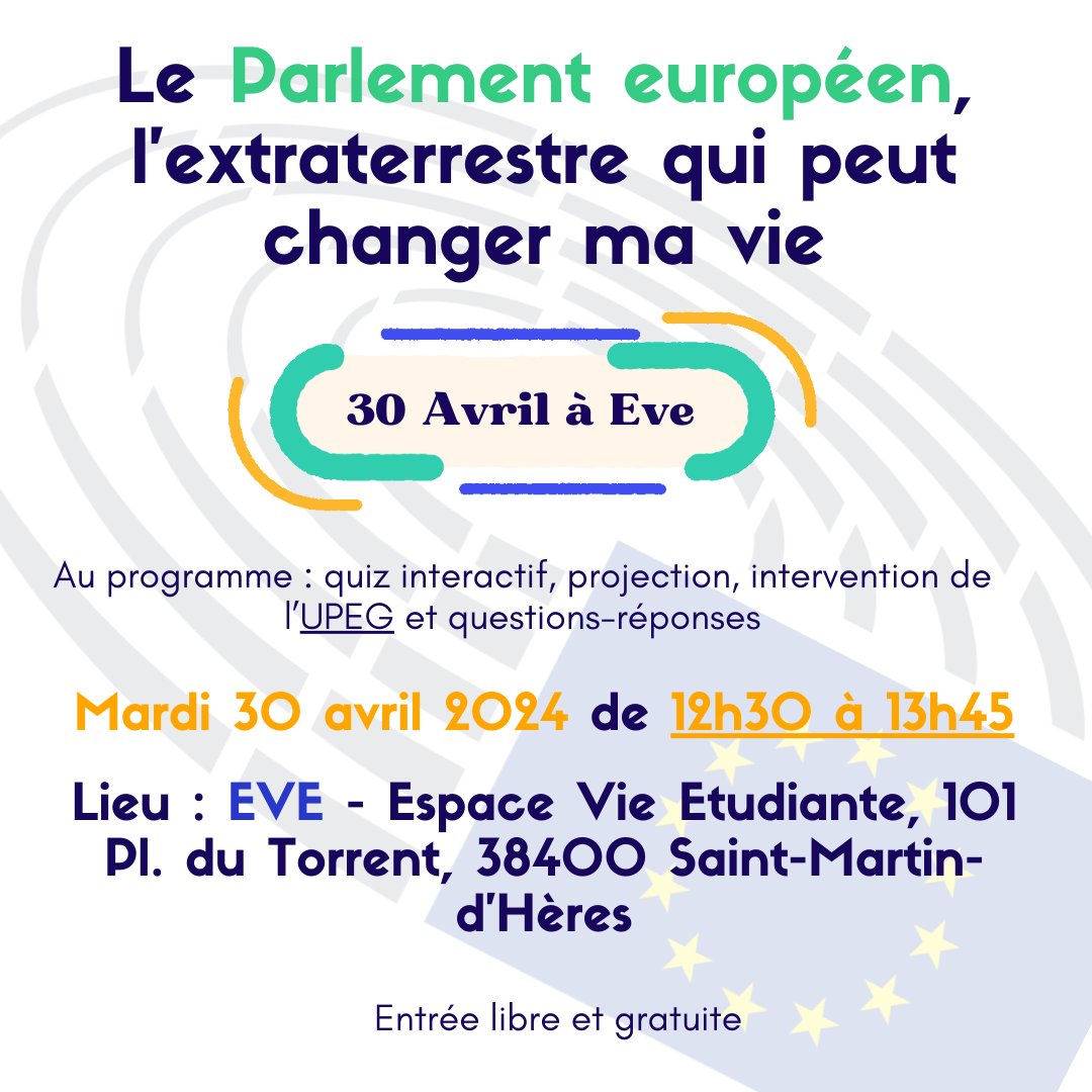 Rendez-vous demain midi à EVE pour notre atelier "Le Parlement européen, l'extraterrestre qui peut changer ma vie" !!
En espérant vous y retrouver nombreux, c'est avec plaisir que l'équipe de l'UPEG répondra à vos questions.

#Europe #Grenoble #atelier #electionseuropeennes2024