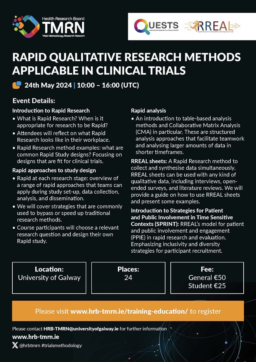 We at the school of nursing and midwifery are delighted that @hrbtmrn, @QUESTScentre & @RREALwork are co hosting this in person workshop: