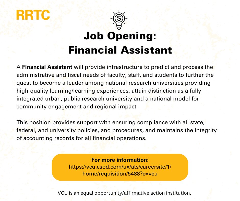 🎉 Join our team at the VCU-RRTC! We're hiring for the position of Financial Assistant

For more info, go to: lnkd.in/gh3Z6bnT...

Be sure to check out all RRTC job openings: lnkd.in/eHhDMSck

VCU is an equal opportunity/affirmative action institution.