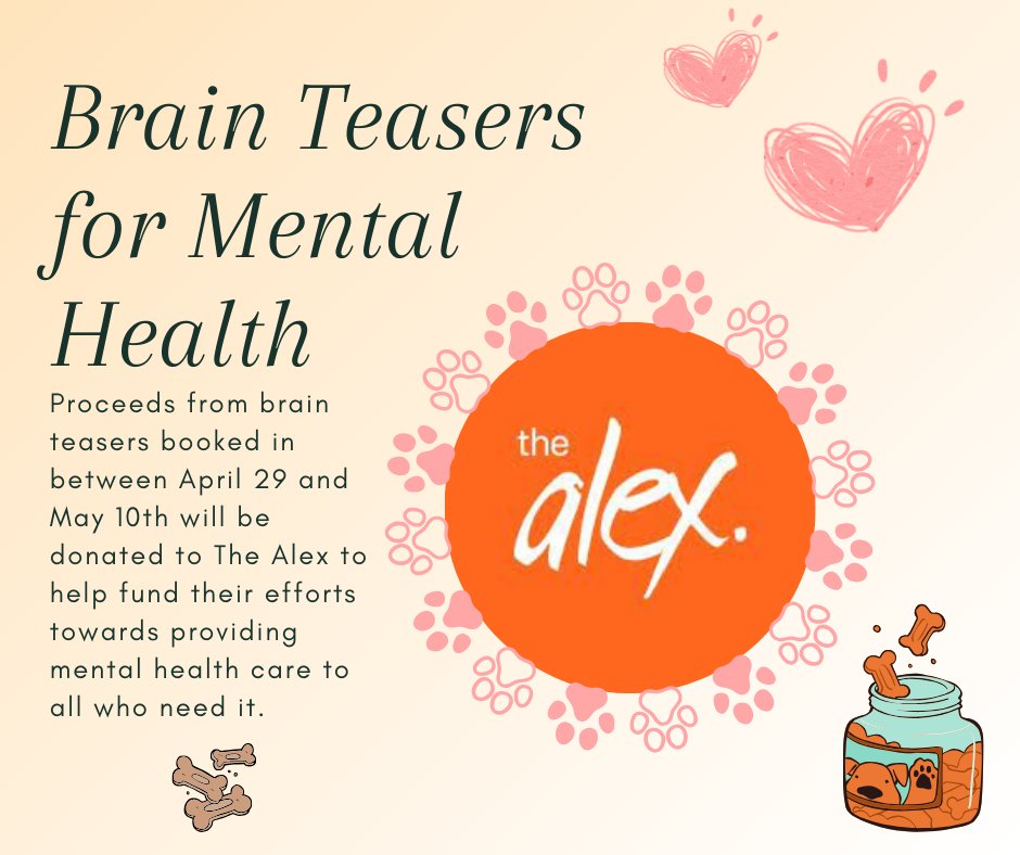 Book your pup in for a brain teaser to help stimulate their brain and donate to a great cause!  Brain teasers are $5

#MentalHealthMatters #mentalhealth #Calgary #thealex #dog #doggydaycare