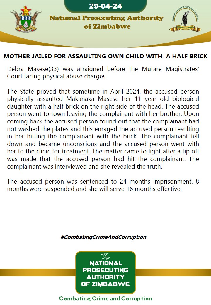 Mother jailed for assaulting own child with a half brick
#CombatingCrimeAndCorruption