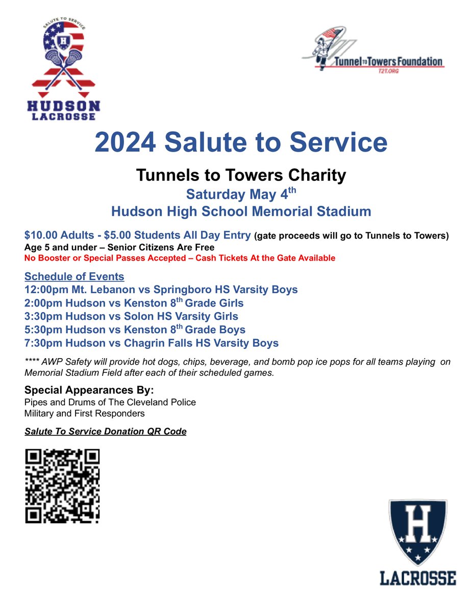 Exciting Saturday upcoming at Memorial Stadium as Hudson Lacrosse supports Tunnels to Towers Foundation with an action packed day of Lax at our 2024 Salute to Service event! Check out the image below for details! #ExplorerPride @HudsonHSLax @RollhudH @hudsonohschools