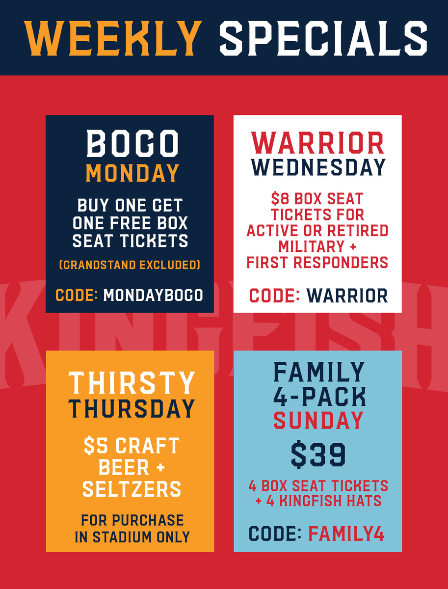 Announcing our 2024 season weekly specials! 🎟️🍺 These are available in person on the day of the game or if purchasing ticket specials online, simply apply the coupon designated code in your checkout screen.