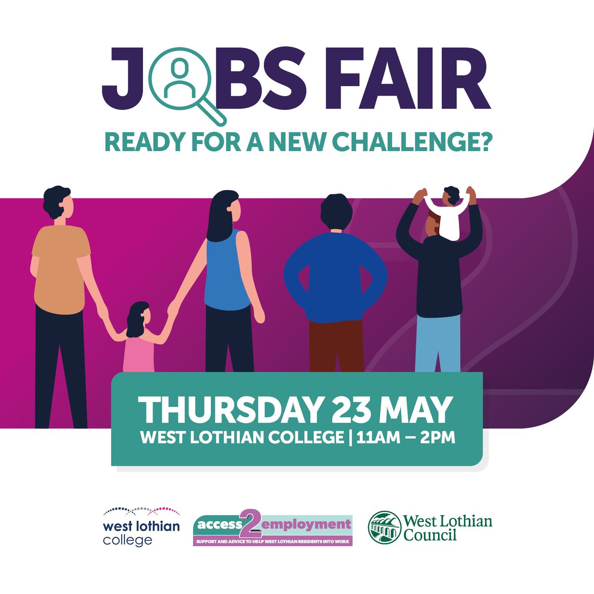 Are you ready for a new challenge?📢 Whether you are looking to return to work or are simply considering a career change, come along to @WestLoCollege and @LoveWestLothian's free jobs fair and meet employers from different industries in West Lothian!