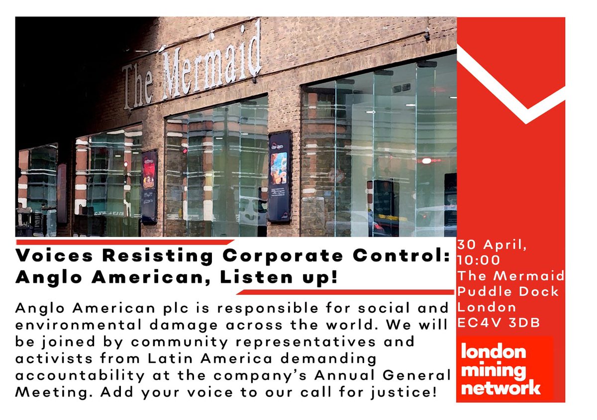 Tomorrow we will join our Latin American brothers & sisters to demand an end to @AngloAmerican’s destructive mining operations. Join us: 🗓️ Tues April 30 ⏰ 10:00 📍 The Mermaid, Puddle Dock, EC4V 3DB No more environmental destruction. No more profiteering. No more mining. ✊