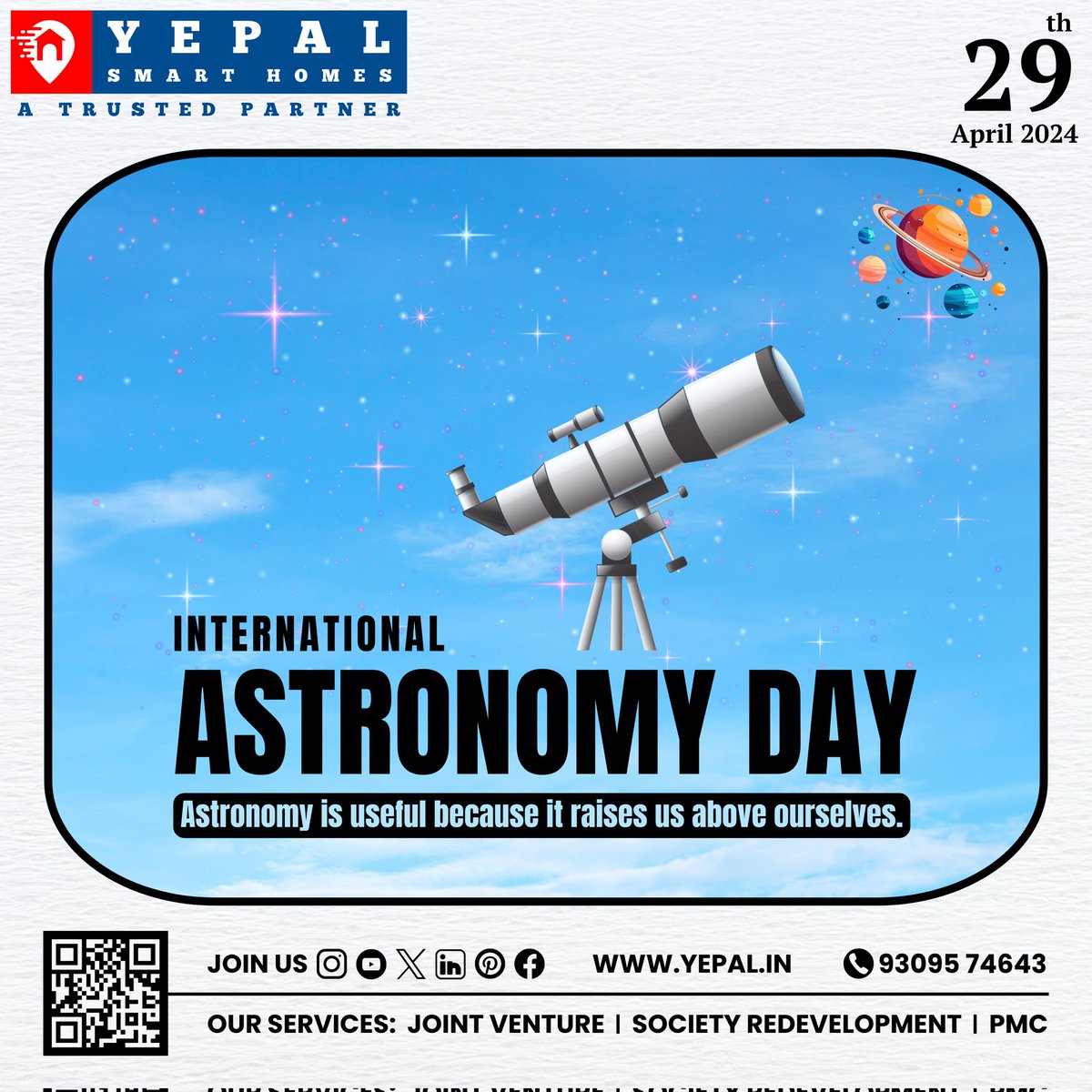 🔭Happy International Astronomy Day👨‍🚀
#yepalsmarthomes #punepropertyportal #ISRO 
#astronomy #science #planets #solarsystem #stargazing #astro #bigbang #universe #jupiter #cosmos #space #vibes #trending #viralpost #NAREDCO #credaipunemetro #trustedbuilders #Trusteddeveloper