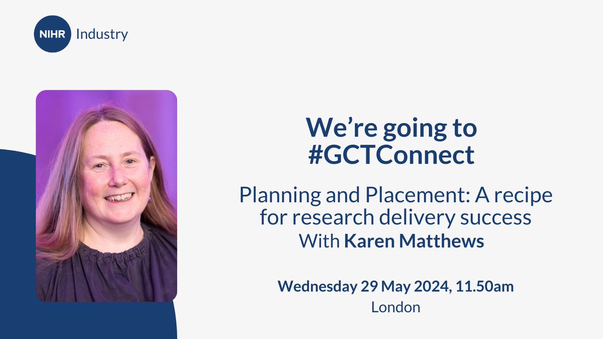 We're heading to #GCTConnect @corvusglobal in London, 28-29 May 2024 📅 Join Karen at 11.50am on 29 May for 'Planning and Placement: A recipe for research delivery success.' Not going? Learn more about our offer to the #lifesciences industry 👉: nihr.ac.uk/partners-and-i…