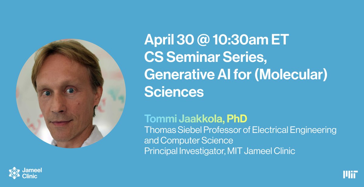 Don't miss out on #JameelClinic PI Tommi Jaakkola's talk tomorrow, April 30 @ 10:30am ET @JHUCompSci! The event will be located in Hackerman B-17, but attendees have the option to join via Zoom 🎦 ⏰Add a reminder to your calendar now: cs.jhu.edu/event/cs-semin…