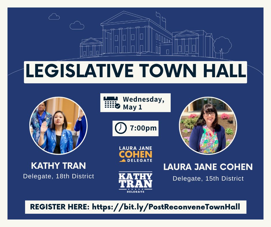 I hope you will join me and @LauraJaneCohen for our virtual Legislative Town Hall this Wednesday, May 1 at 7:00pm. We'll be discussing the recent Reconvened Session. Hope to see you then! Register here: bit.ly/PostReconvened…