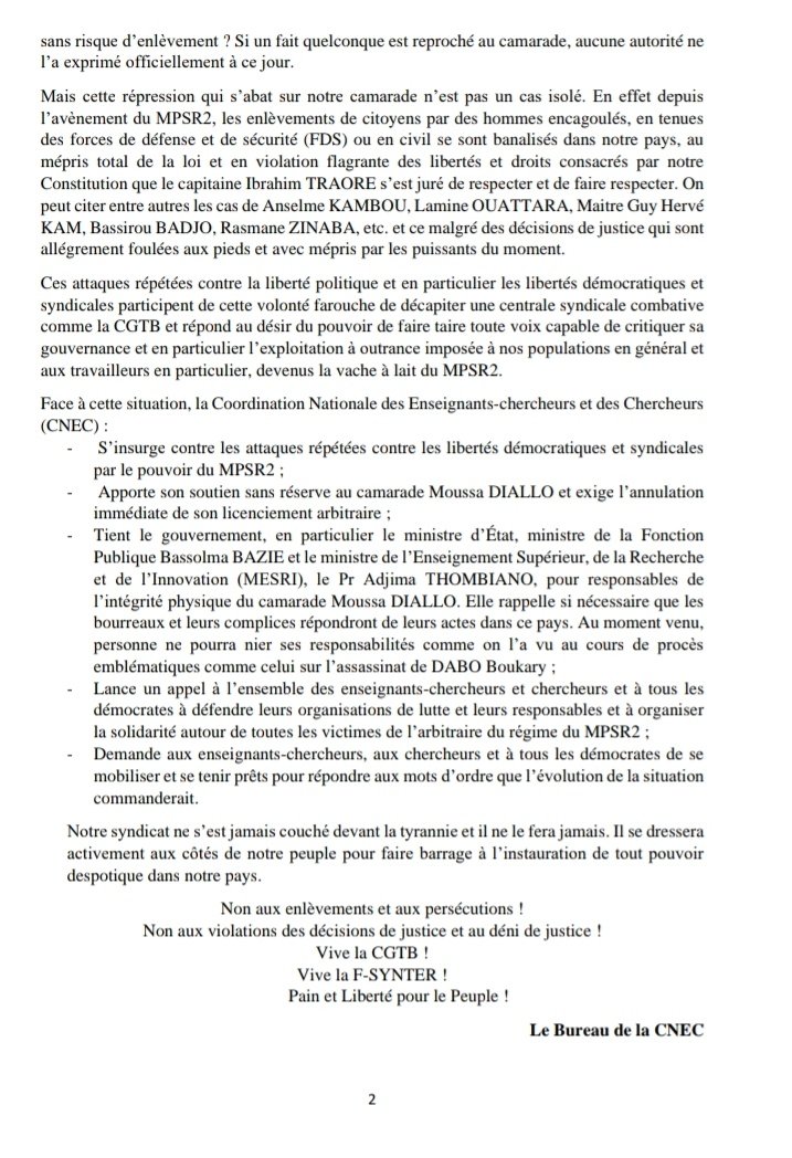 #Burkina 🇧🇫  La Coordination Nationale des Enseignants-chercheurs et Chercheurs (CNEC) apporte son soutien au SG de la CGT-B Moussa Diallo et exige l'annulation immédiate de son ''licenciement arbitraire''. #Lwili #TL226 

#DIT