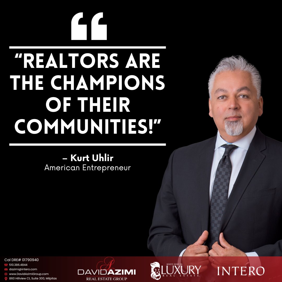 🔥 MOTIVATION MONDAY 🔥

“Realtors are the champions of their communities!” 

— Kurt Uhlir
(American Entrepreneur)

#WhoYouWorkWithMatters
#MotivationMonday
#BayArea
#Intero
#DavidAzimiRealEstateGroup