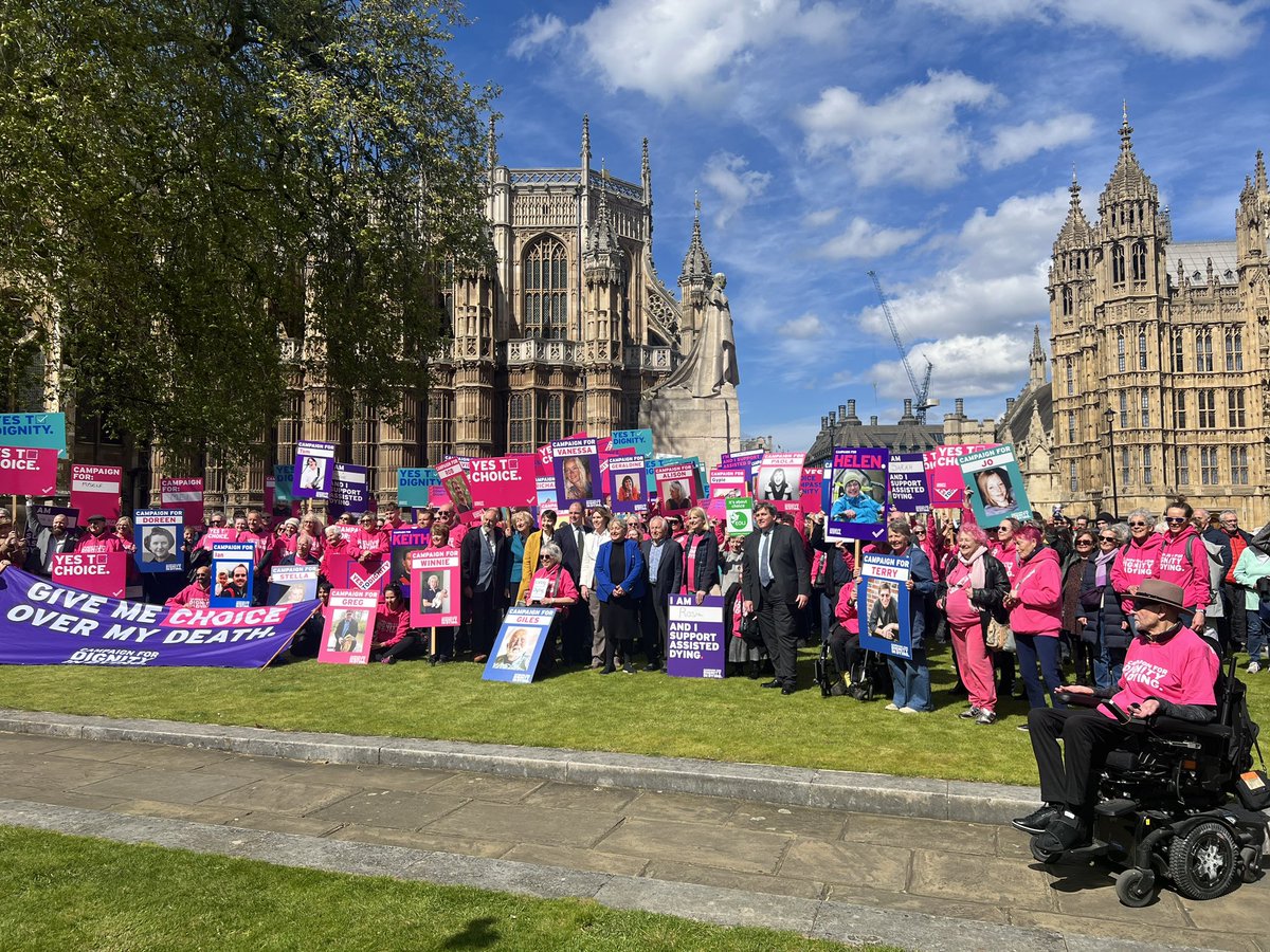 Campaigners out in force at @dignityindying rally ahead of the Westminster Hall debate. #GiveUsOurLastRights