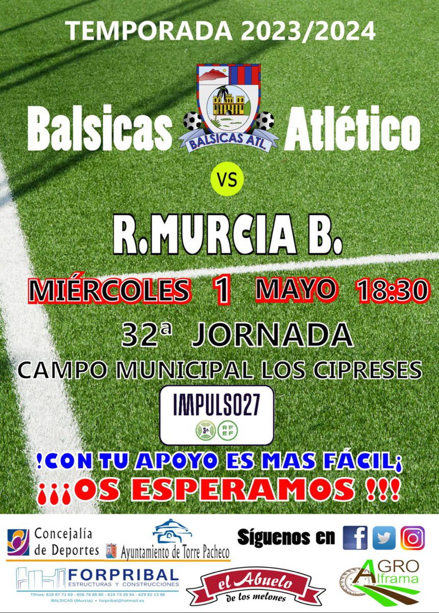 Buenas tardes!!!! Este miércoles 1 de mayo tenemos otro importantísimo partido en los cipreses,nos visita el @realmurciacf_oficial imperial,os necesitamos a todos ahora más que nunca 🙏🙌🏻🙌🏻🙌🏻vamos Balsicas #orgullobalsiqueño