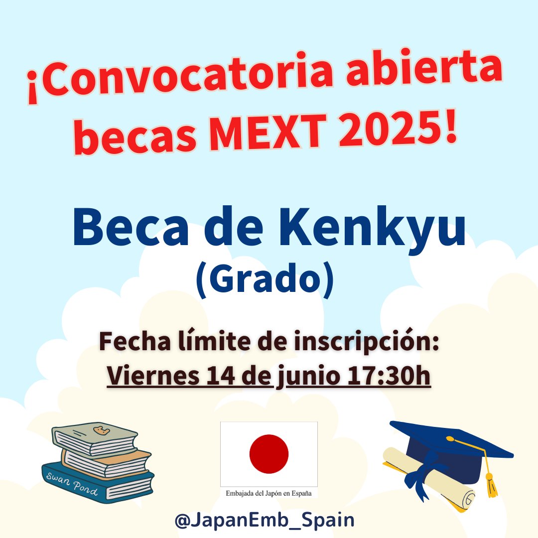 ‼️ Nuevas convocatorias de Becas MEXT abiertas ‼️ Ya es posible aplicar en las becas para Estudiantes de formación especializada (SENSHU) y Graduados españoles (KENKYU). Más información en 👇 🔹Becas SENSHU: es.emb-japan.go.jp/itpr_ja/11_000… 🔹Becas KENKYU: es.emb-japan.go.jp/itpr_ja/11_000…