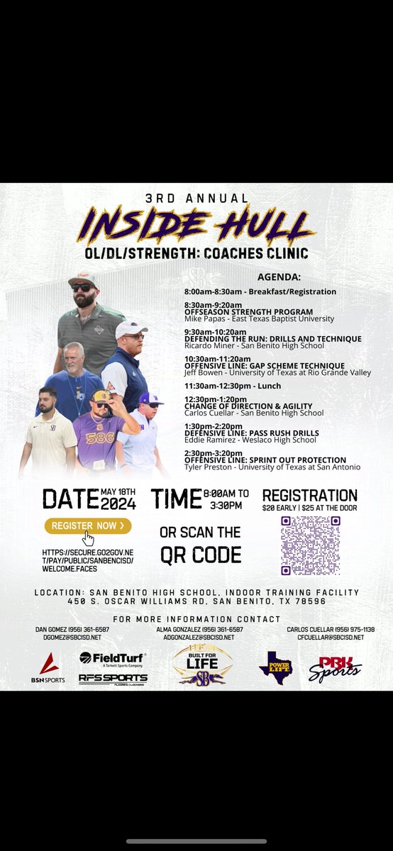 We are only 3 weeks away from the only coaches clinic in the STATE of Texas that specializes in the trenches! Our 3rd annual inside hull coaches clinic is going to be a great one, with 3 speakers from the collegiate level @ETBU_Football @UTRGVFootball @UTSAFTBL Link 🔗 below! 👇