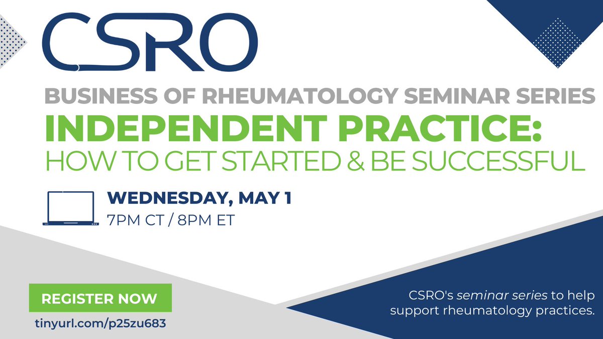 HAPPENING WED: CSRO’s Business of #Rheumatology series returns on 5/1!  Register now to hear from a diverse panel of #rheumatologists as they share insights on starting & optimizing a practice: us06web.zoom.us/webinar/regist… #IndependentPractice