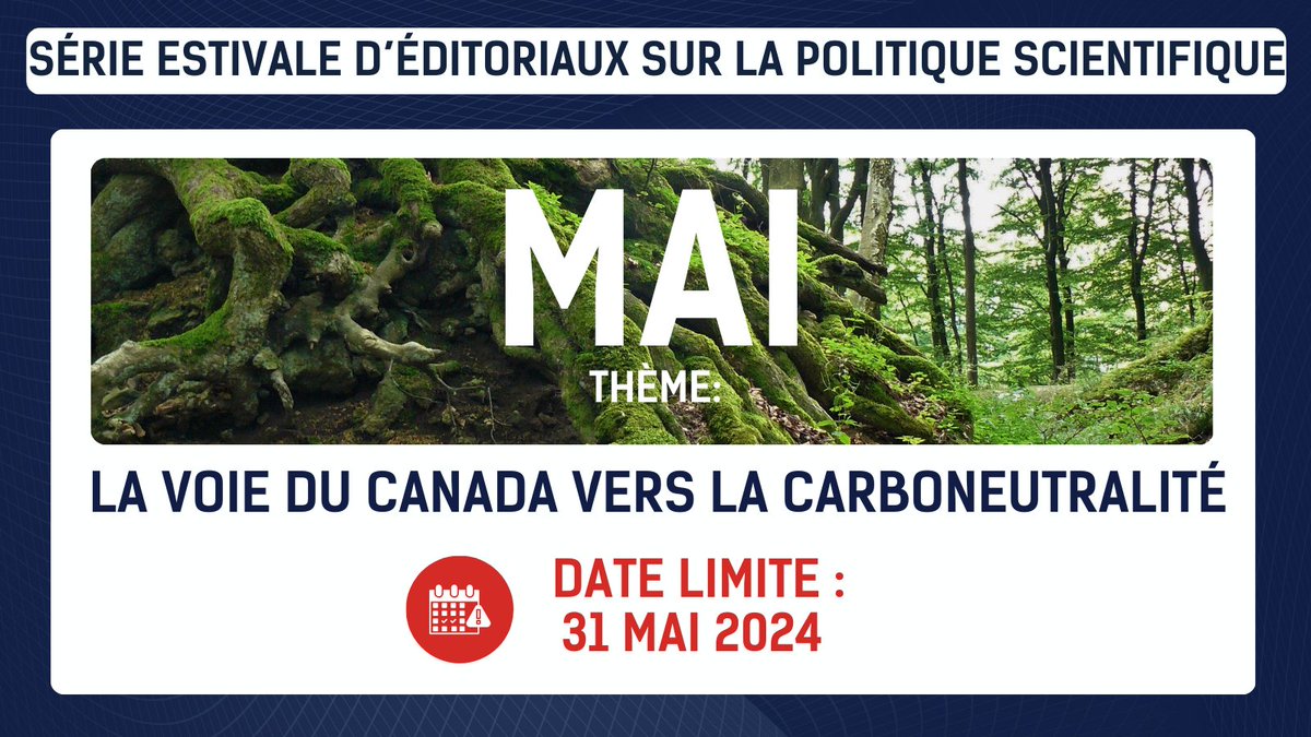 Intéressé par le #ChangementsClimatiques #Carboneutralité?

Soumettez un article d'opinion sur le thème 'La voie du Canada vers la carboneutralité' à la série d'éditoriaux d'été sur la politique scientifique canadienne !

En savoir plus : sciencepolicy.ca/fr/editorials/…

#CdnSci