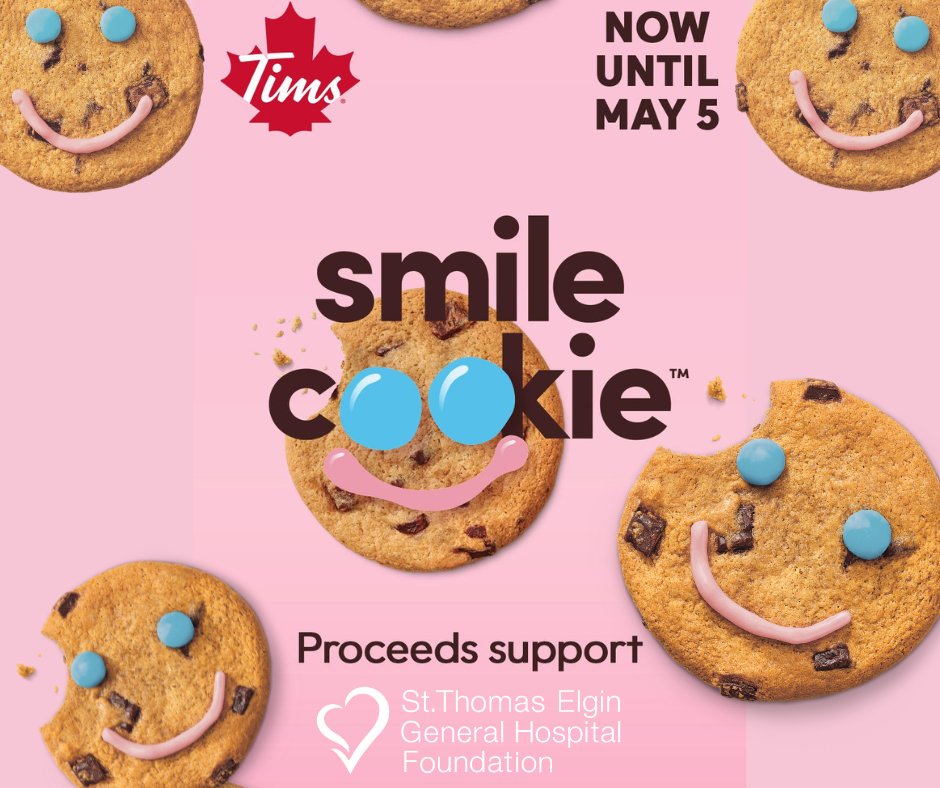 It's time to bring a smile to every Canadian!  Get your Smile Cookie now until May 5th! 100% of proceeds to support St. Thomas Elgin General Hospital Foundation.
#EVERYSMILECOUNTS