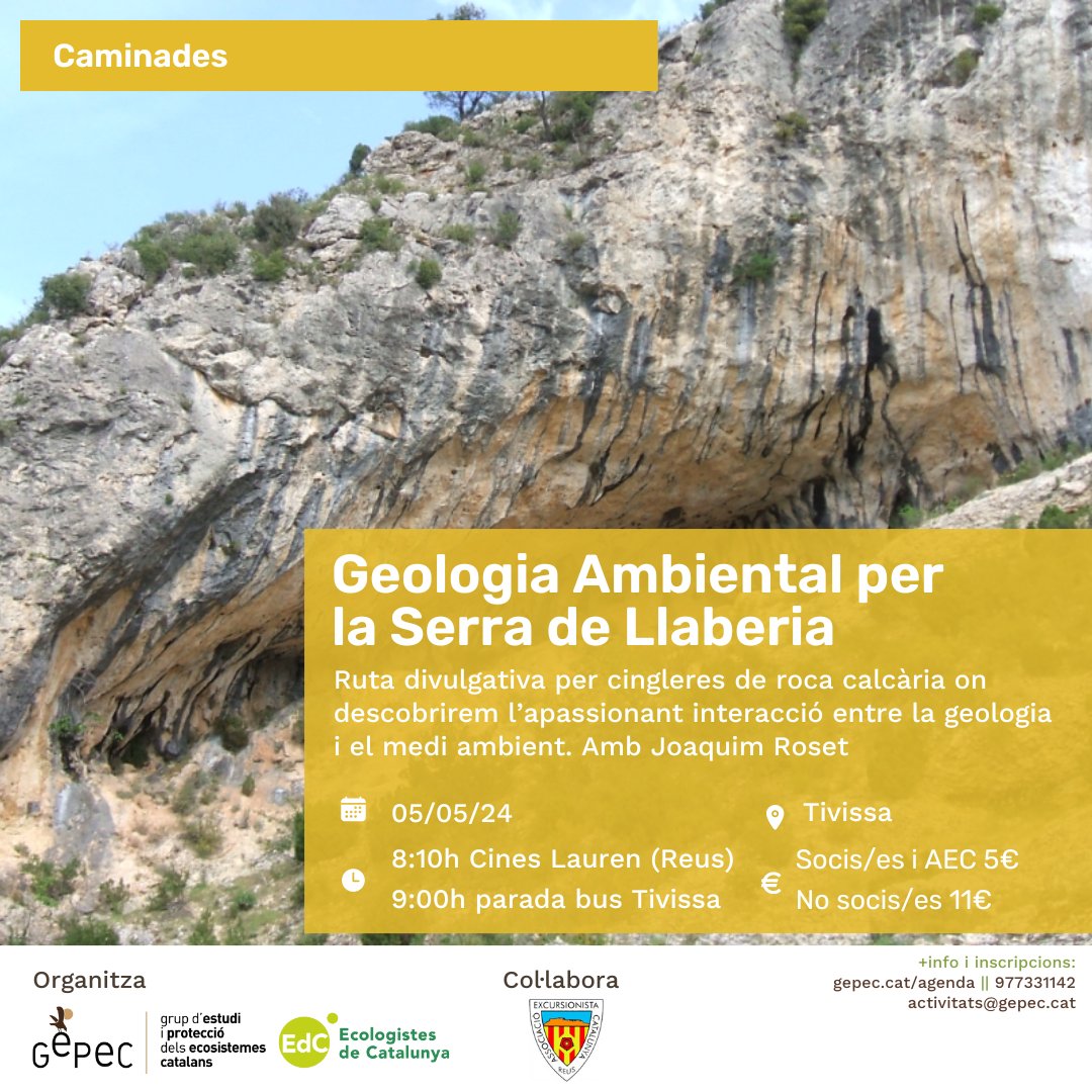 gepecedc's tweet photo. Aquest diumenge vine a gaudir d'una fantàstica ruta divulgativa per la Serra de Llaberia ⛰️

En Joaquim Roset, geòleg, ens ajudarà a descobrir l’apassionant interacció entre la geologia i el medi ambient.🪨🌿

🔗 https://t.co/7UfEERHEjv

@aec_reus #tivissa #gepec #geologia https://t.co/nud3blJBST