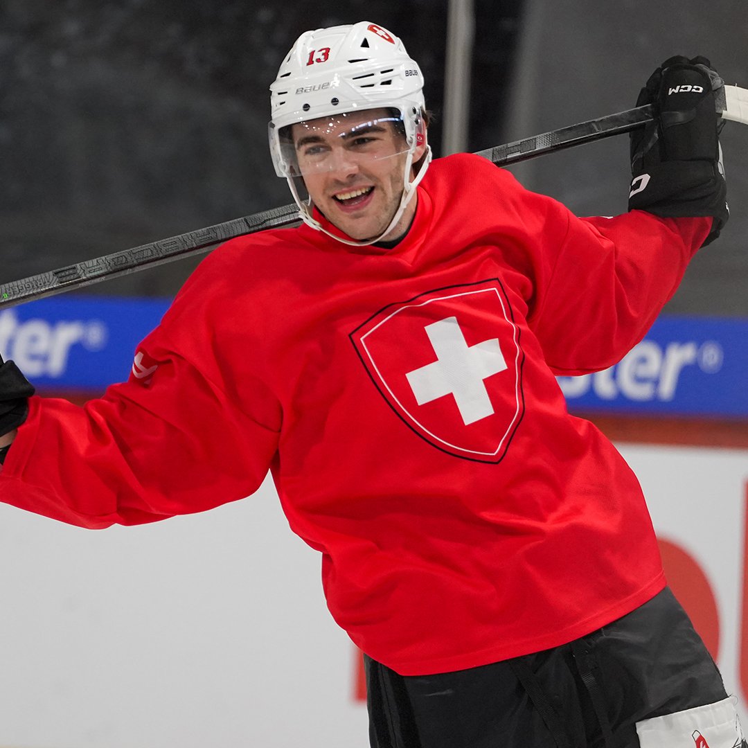 Here they are! #NJDevils Nico, Siegs and Akira in their Swiss gear on the ice with the National team!