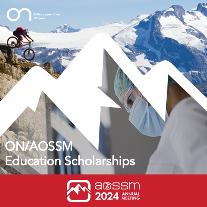 Only 1 day left to apply for the ON/AOSSM Education Scholarships: loom.ly/WonDZxc. If you want to connect with more than 2,000 professionals at the AOSSM Annual Meeting 2024 (10-14 July), don't miss this opportunity! #sportsmedicine #orthoregeneration @AOSSM_SportsMed