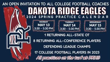 DakotaRidgeFootball (@dakotaridgefb) on Twitter photo Spring Football Camp at DRHS is almost here for our Varsity/JV! We want to invite any college football coaches who will be in town 5/13-5/15 to attend!
Reach out to <a href="/DRidgeCoachB1/">Jeremiah Behrendsen</a> if you want to stop by! Spring Football Camp at DRHS is almost here for our Varsity/JV! We want to invite any college football coaches who will be in town 5/13-5/15 to attend!
Reach out to <a href="/DRidgeCoachB1/">Jeremiah Behrendsen</a> if you want to stop by!
