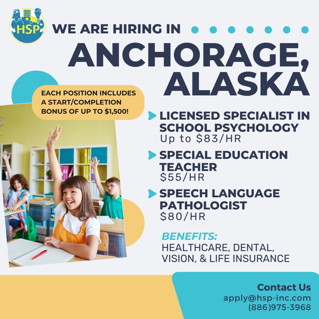 🌟 Join Our Team in Anchorage! 🌟 HSP is now hiring for various positions with competitive salaries, amazing benefits, and a bonus of up to $1500 upon start/completion! Send us a message for more details or apply by sending your resume to apply@hsp-inc.com.