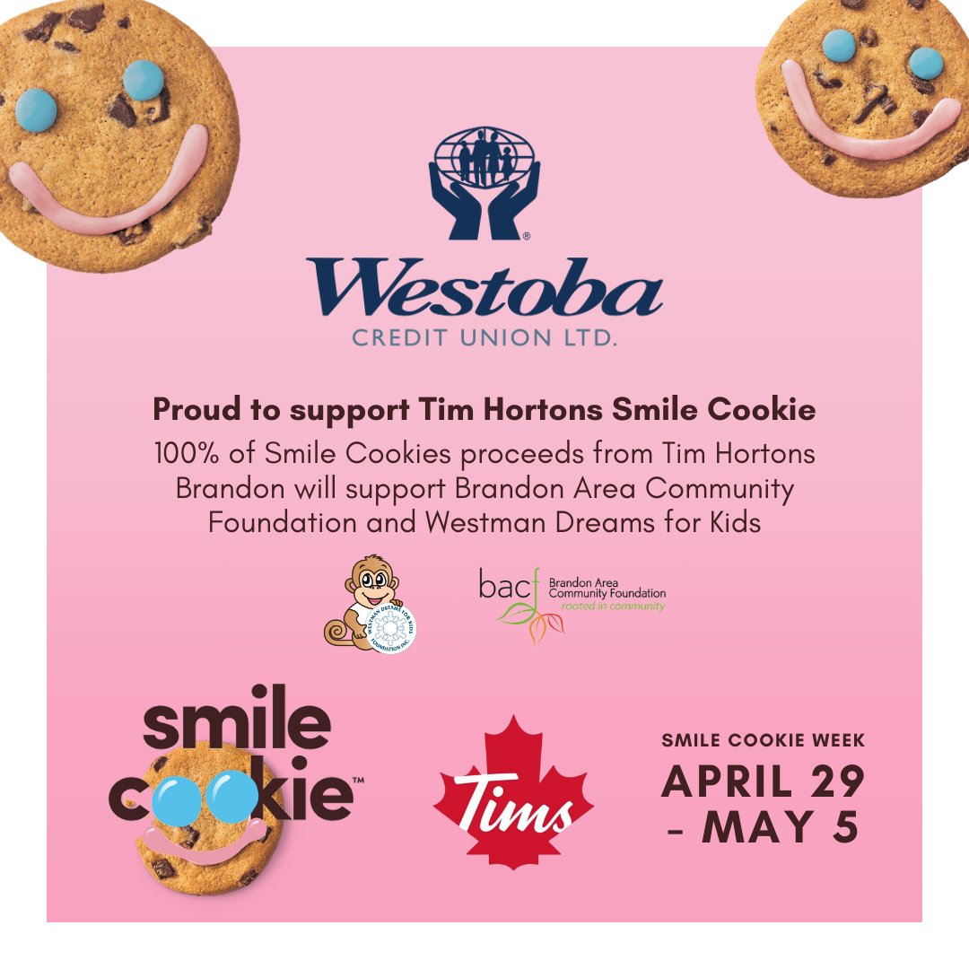 You smile, we smile 🍪😀 

#SmileCookies are back @TimHortons and @TimsWestman_MB! Grab yours from now until May 5 – all proceeds go to @bacf2 and Westman Dreams for Kids.