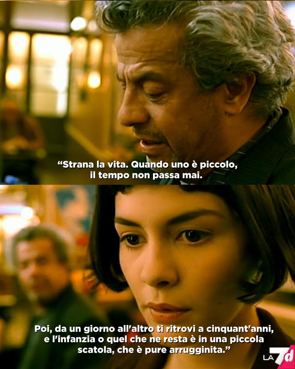 “Strana la vita. Quando uno è piccolo, il tempo non passa mai. Poi, da un giorno all'altro ti ritrovi a cinquant'anni, e l'infanzia o quel che ne resta è in una piccola scatola, che è pure arrugginita”.

Il favoloso mondo di Amélie, questa sera dalle 21.20 su #La7d (canale 29)