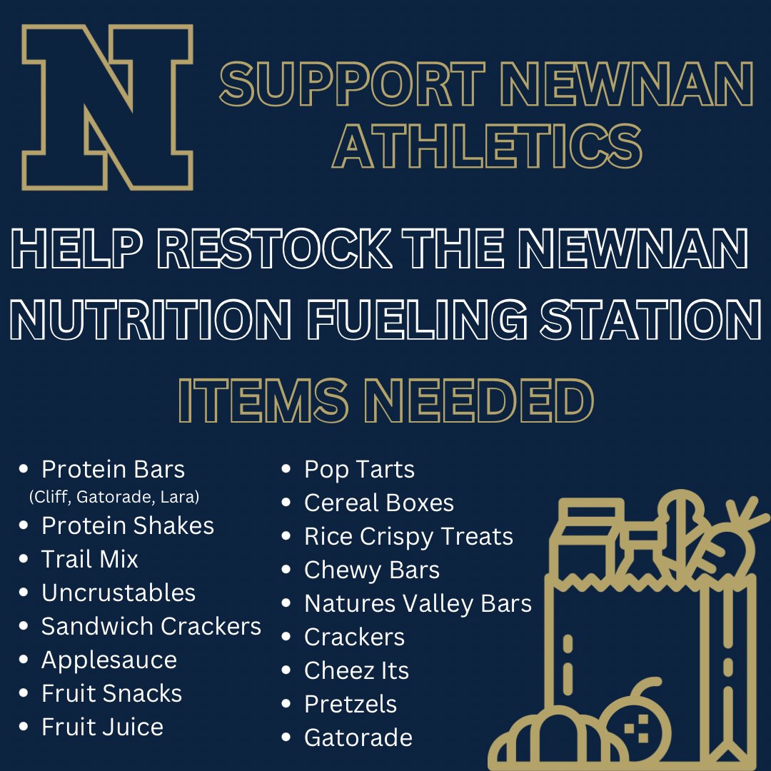 We need help! The Newnan Nutrition Fueling Station is running low on post lift fuel for our athletes. If you are interested in donating something from the list below you can drop off in the Newnan Athletic Office! @NHSNutrition @NewnanSTRENGTH @NewnanATMed @NewnanAthletics