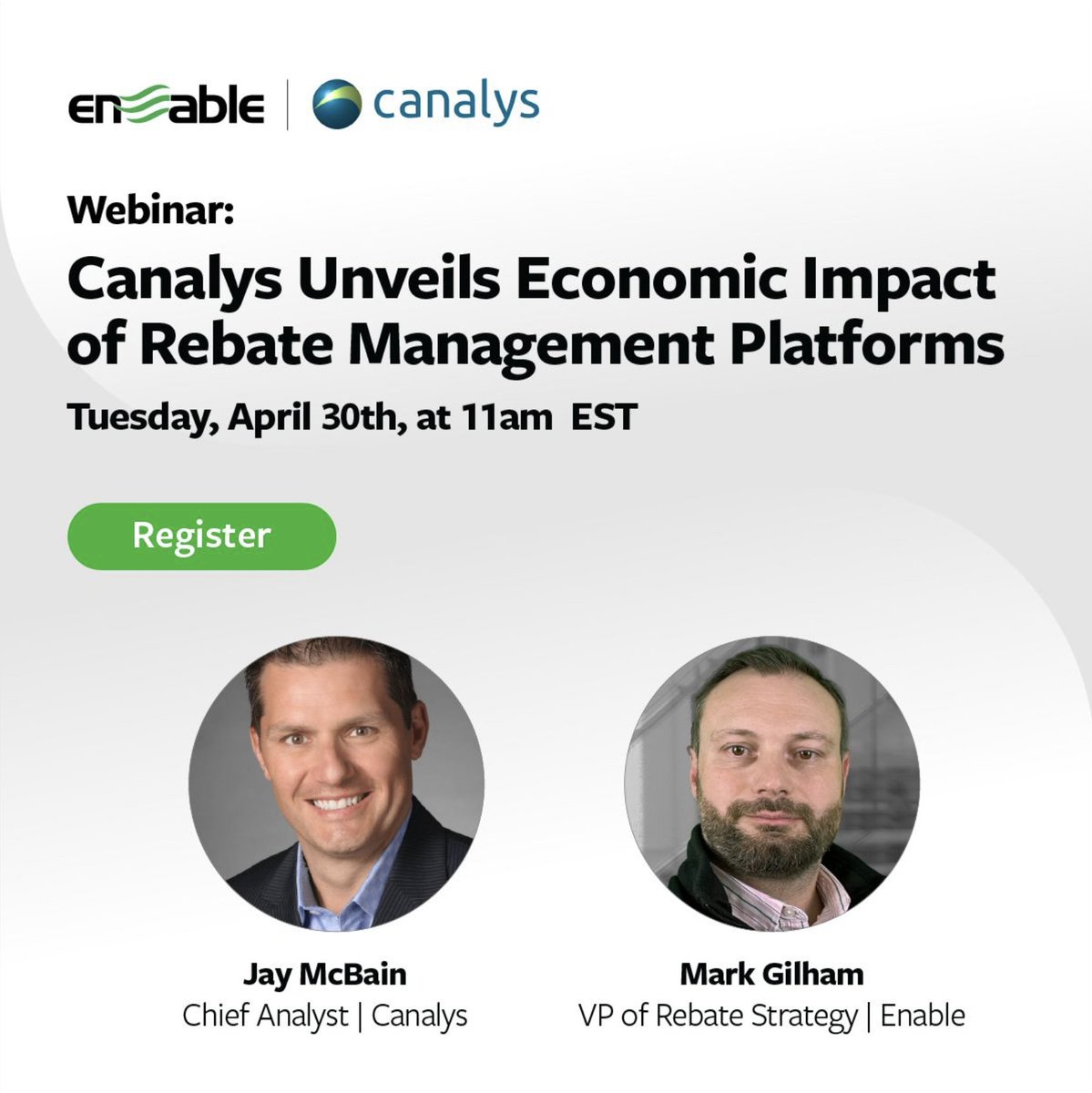 Excited to join Mark Gilham at Enable tomorrow about transforming rebate management strategy & driving growth. On Tue, Apr 30th at 11AM ET, we will explore insights from the recent report with @Canalys on how Enable accelerates savings & boosts revenue. lnkd.in/eAkS2DAh