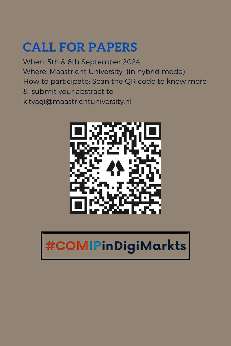 #COMIPinDigiMarkts2024 
Scan the QR code to know more &amp; Join us for a deliberation on IP &amp; Competition in an era of AI and Data: Assessing global trends from a comparative &amp; interdisciplinary lens
#callforpapers #interdisciplinary #GenerativeAI #economics #strategy