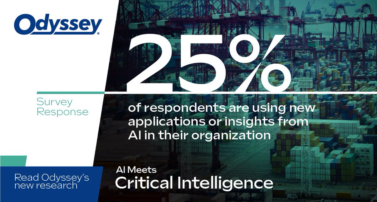 AI meets Critical Intelligence: Odyssey's research study finds 25% of respondents are using new applications or insights from AI in their organization, learn how these new insights are driving the industry forward. bit.ly/3Qjzj9G #odysseylogistics #technology #ai