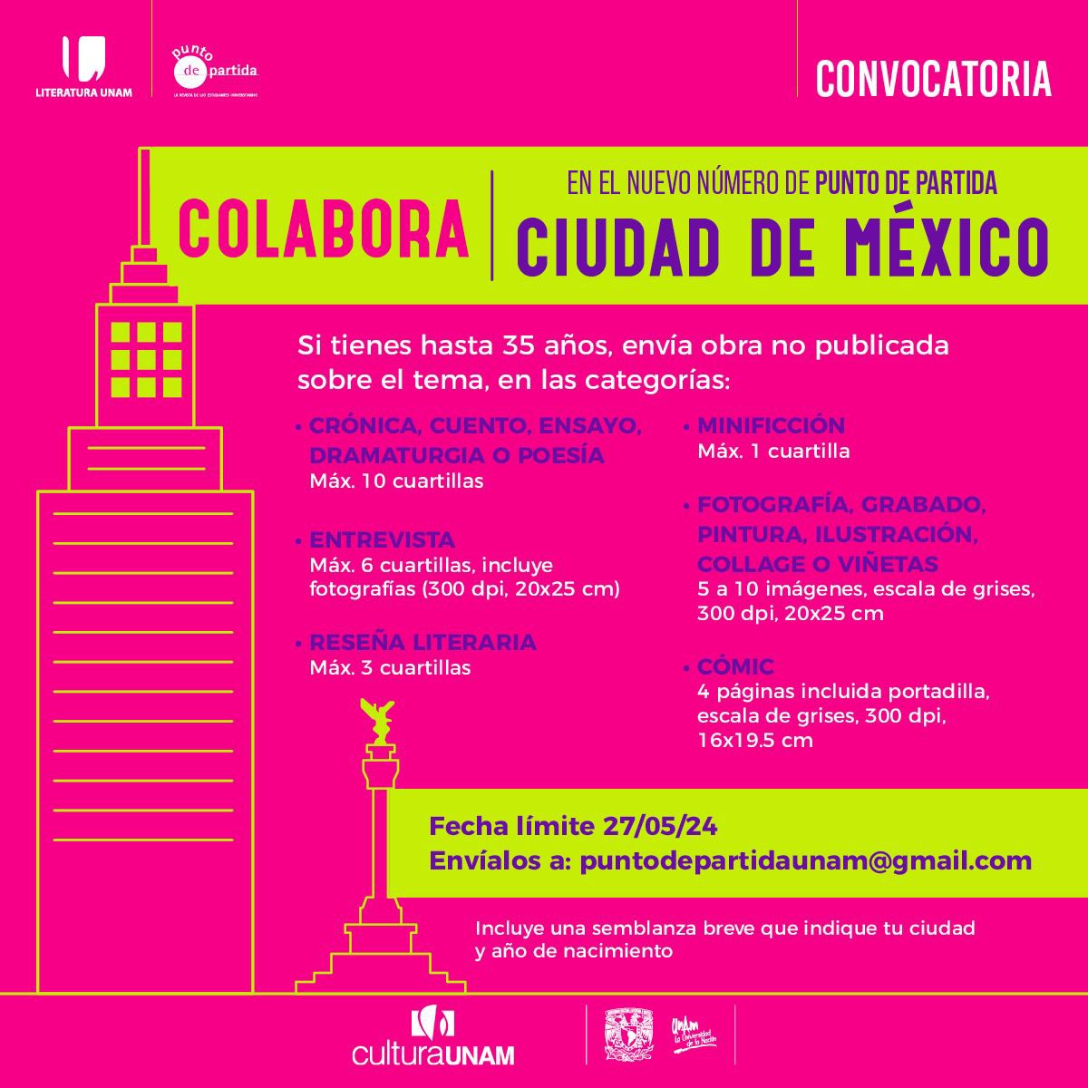 La Ciudad de México es un lugar lleno de vida y diversidad. ¿Qué representa para ti vivir en una de las ciudades más pobladas del mundo? Envía tus ideas para el número 246 de @P_departidaunam 🙌 #convocatoria #unam #puntodepartida