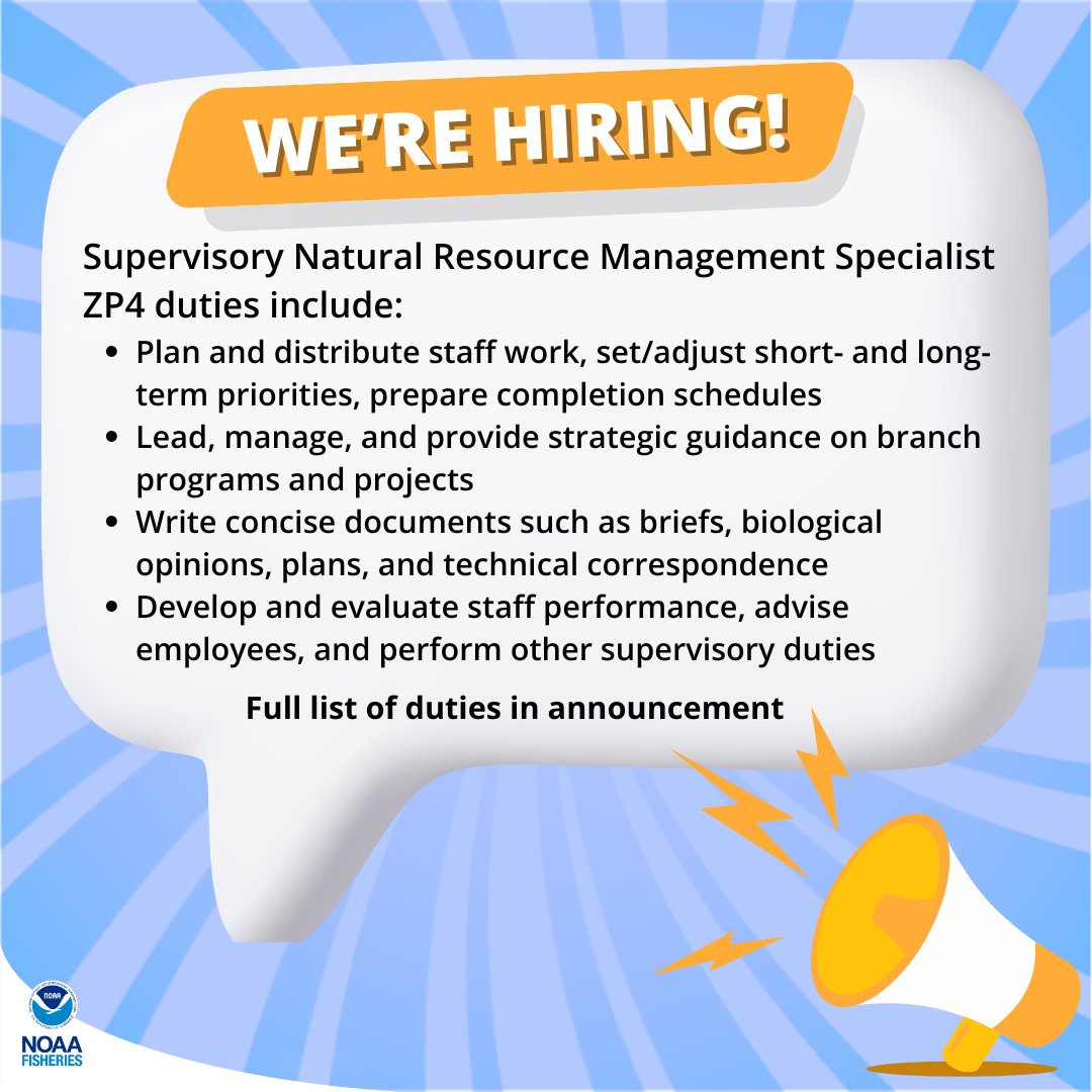We’re #hiring 2 Supervisory Natural Resource Mgmt Specialists ZP4 to lead Fishery Monitoring & Research Division’s programs/projects. Location: #WoodsHole #MA. Direct hire! Deadline: 5/13. Public/Career trans: bit.ly/4bcfmcL. Div info: bit.ly/3UWavrp. #Jobs
