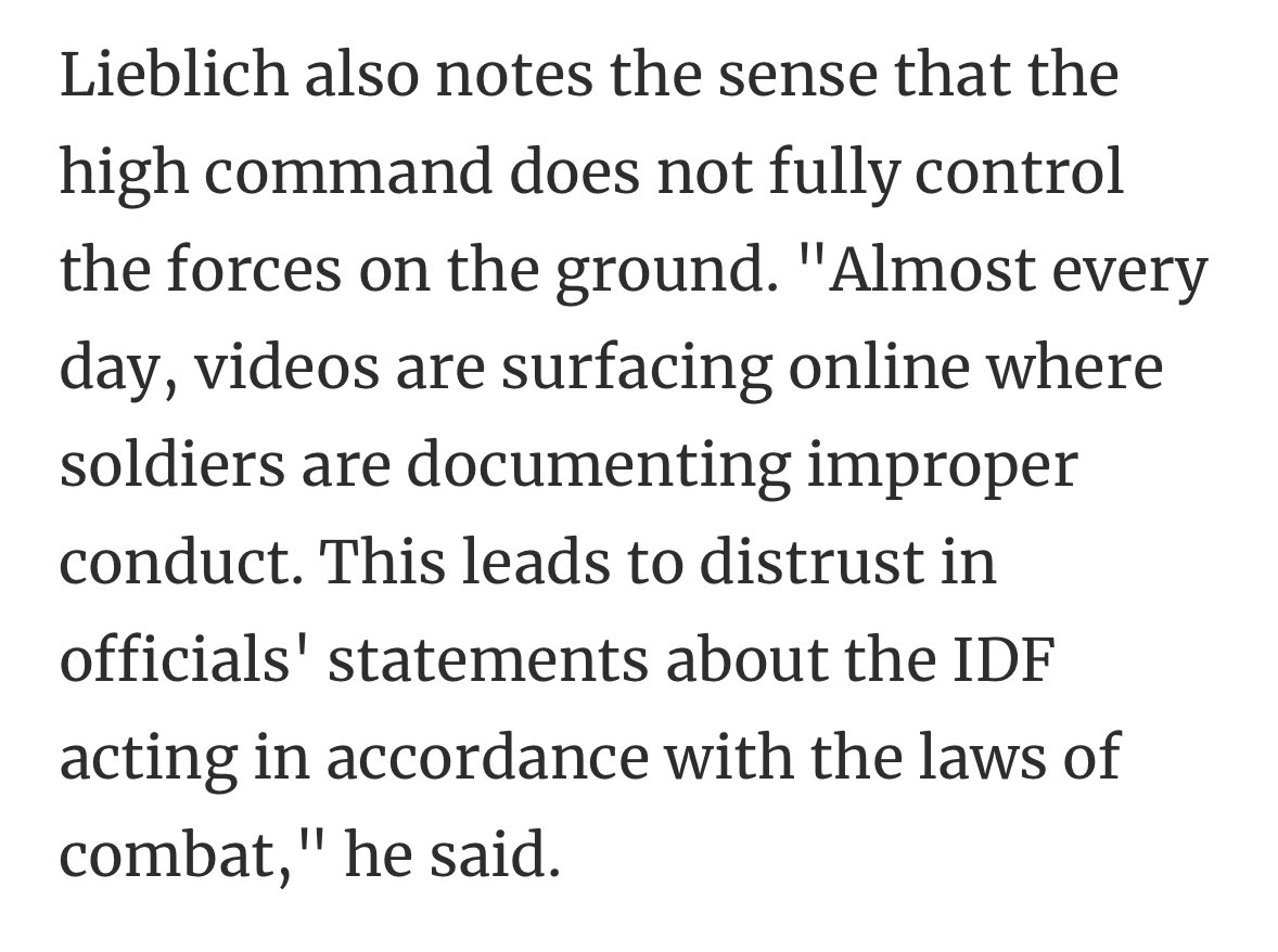 Relevant to reporting on IDF units’ widely divergent interpretations of rules of engagement: @eliavl suggests to Haaretz “high command does not fully control the forces on the ground.” A predictable problem with highly decentralized militaries/units. haaretz.com/israel-news/20…