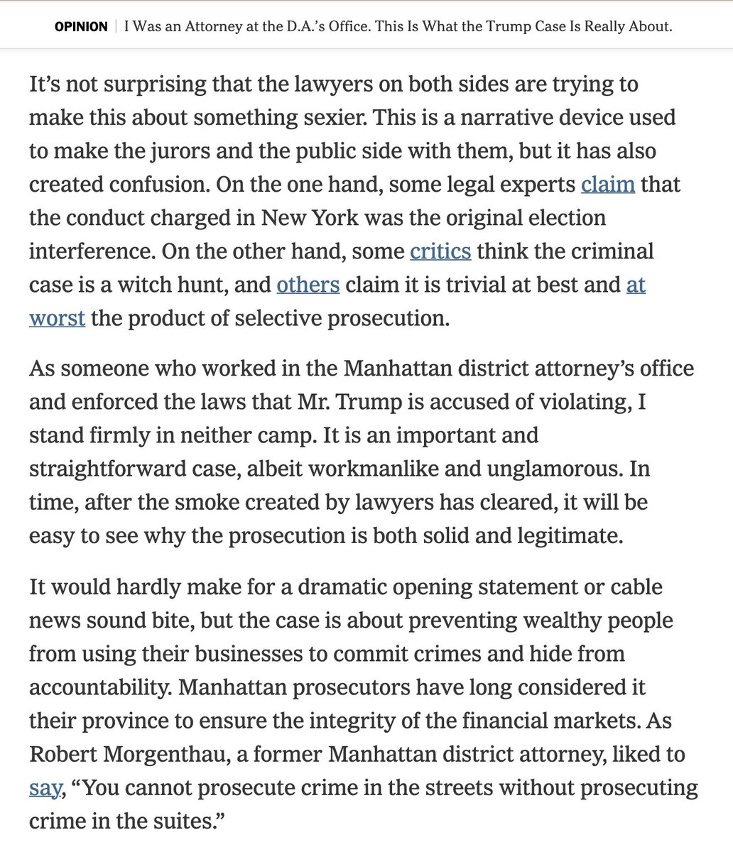 Finally, a @nytimes op-ed on what Trump's NY criminal trial is really about, from someone who actually worked in the @ManhattanDA's office. A must-read from @rroiphe: nytimes.com/2024/04/29/opi…