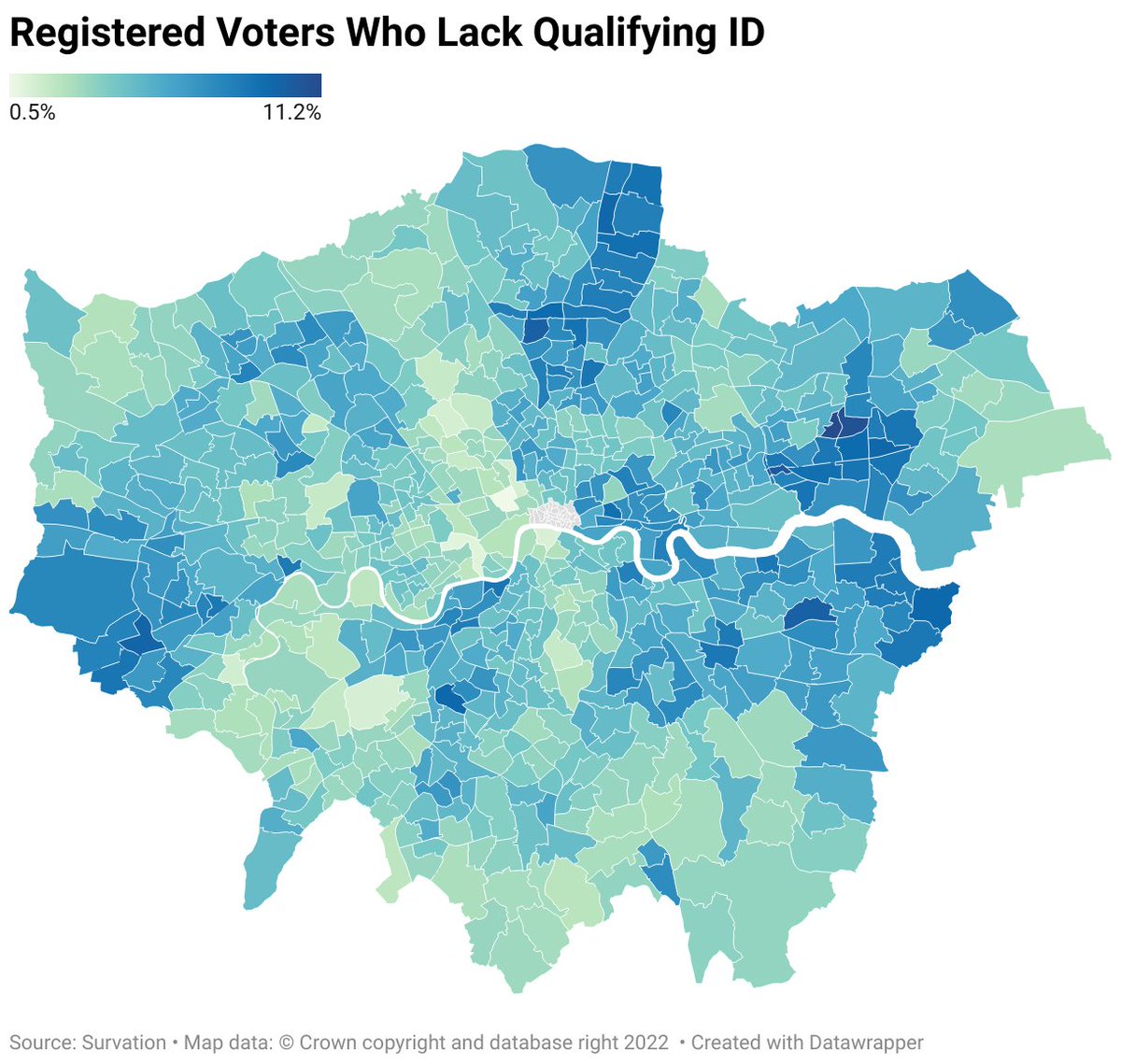 New: 5% of registered voters in London lack a valid form of photo ID Ward level estimates show that this the highest in Becontree - 11% (Barking and Dagenham) and lowest in Bloomsbury - 0.5% (Camden).