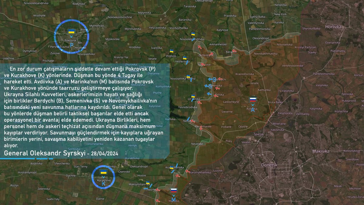 📍Donetsk Bölgesi, Avdiivka Son Durum - 28 Nisan 2024 En zor durum çatışmaların şiddetle devam ettiği Pokrovsk ve Kurakhove yönlerinde. Düşman bu yönde 4 Tugay ile hareket etti. Avdiivka ve Marinka'nın batısında Pokrovsk ve Kurakhove yönünde taarruzu geliştirmeye çalışıyor.…